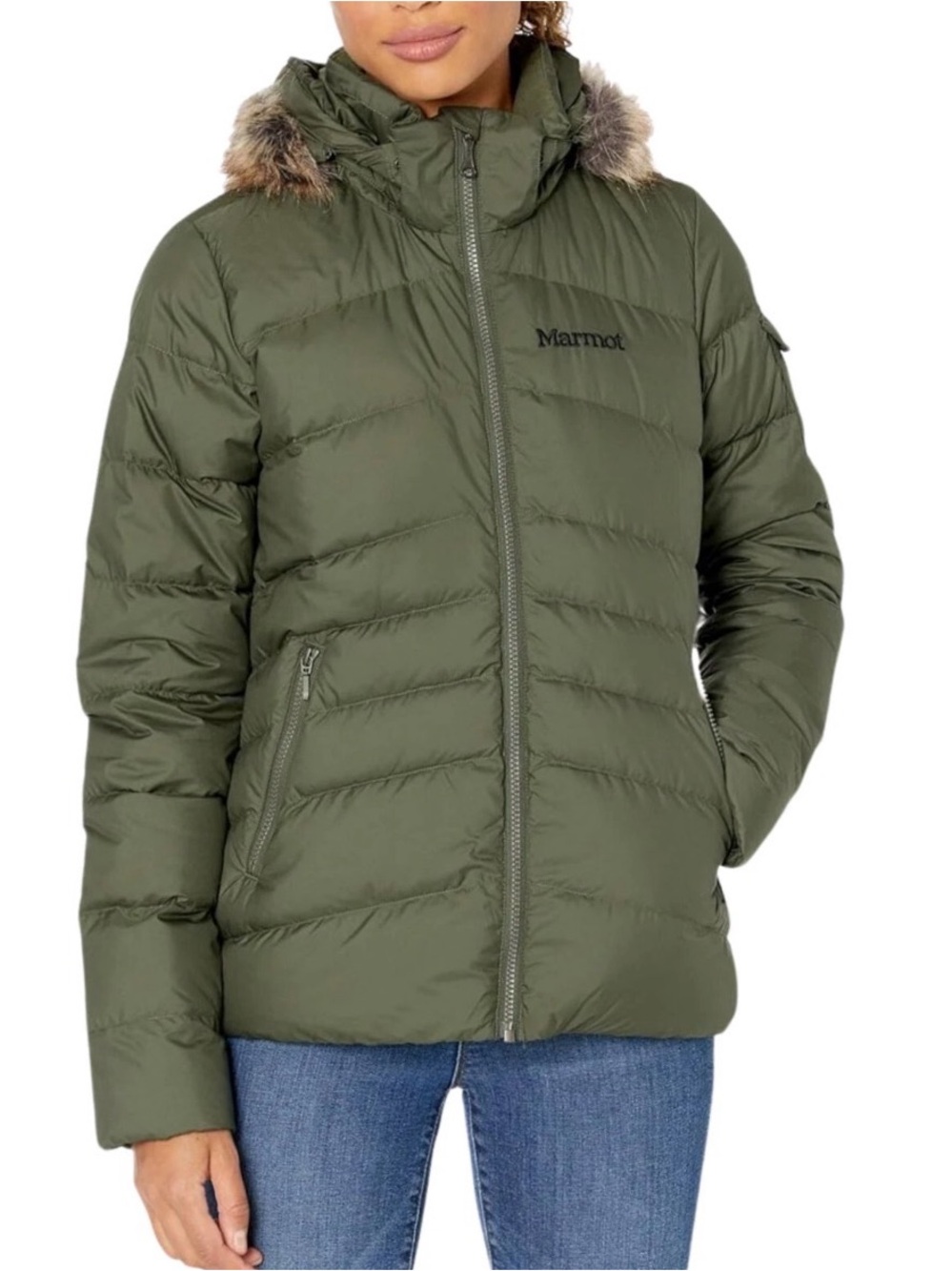 Marmot Women's Green Ithaca 700 Fill Down W/ Removable Fur Trim Jacket SZ XS
